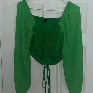 SHEIN Green Ruched Crop Blouse with Tie Front